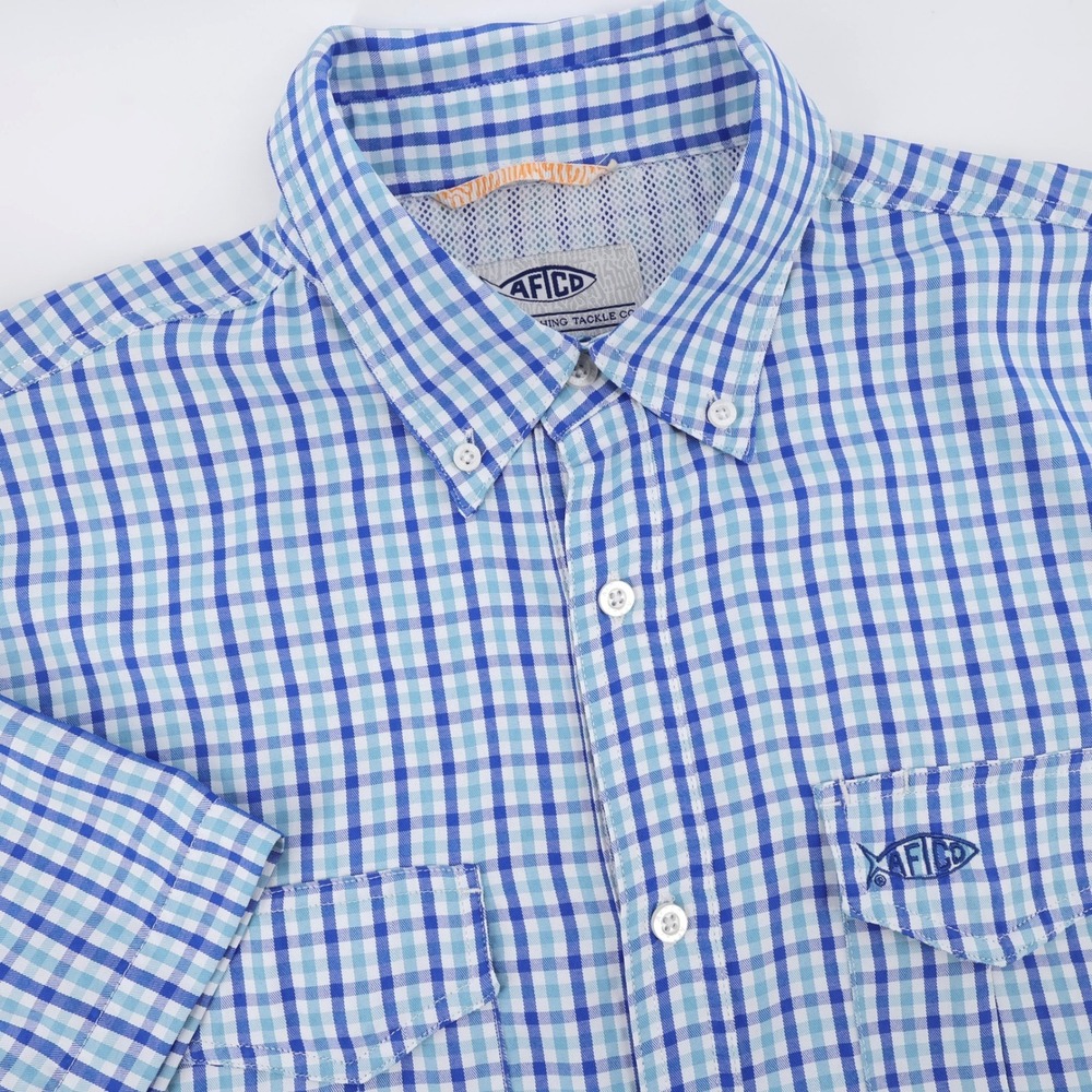AFTCO Vented Performance Plaid Button Down Shirt Blue Short Sleeve Mens Large